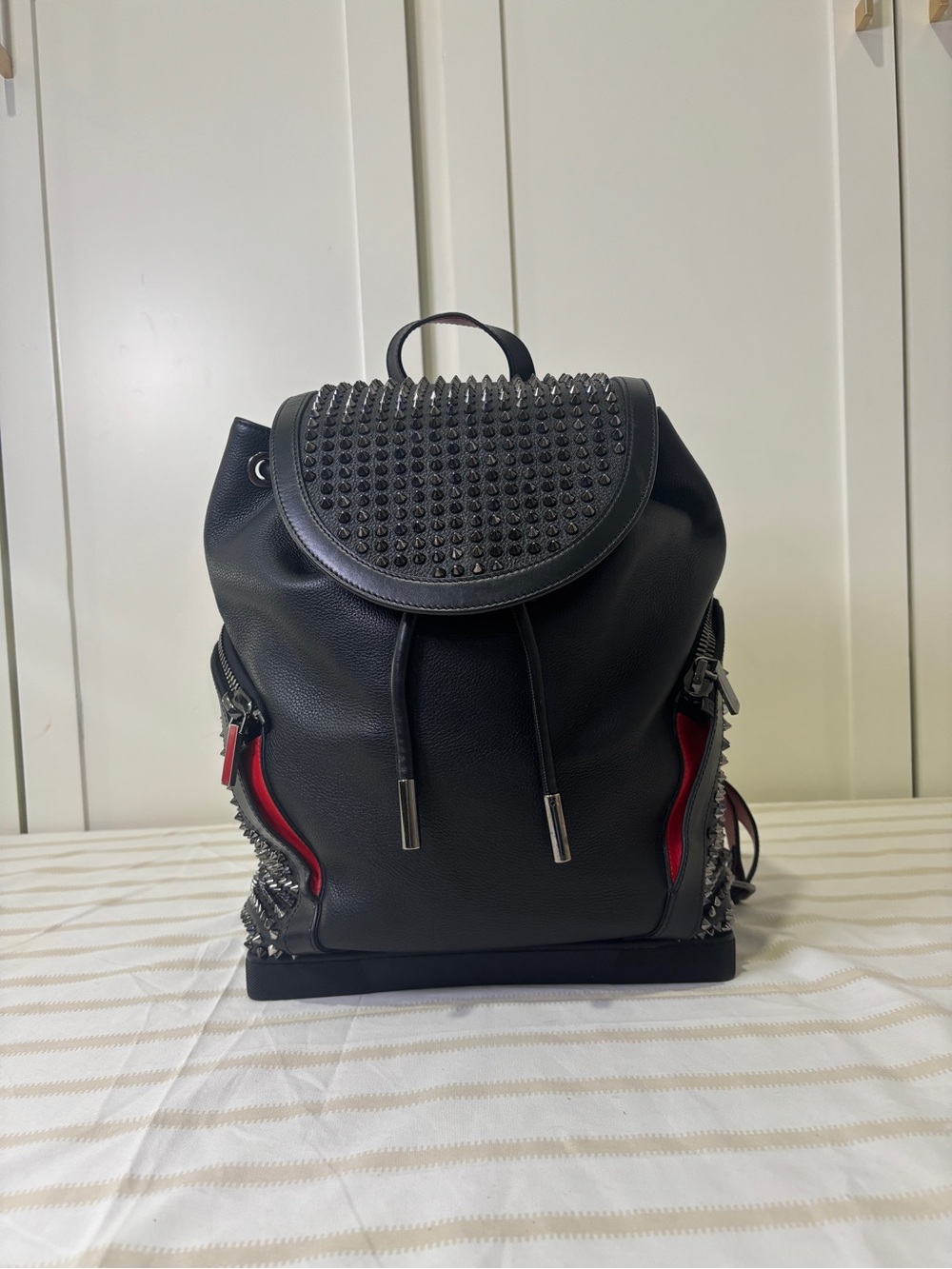 Yves Saint Laurent Black Leather Spike-Trim Backpack with Red Accents